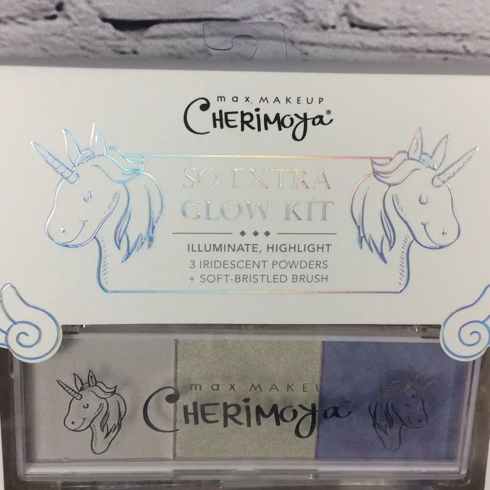 MAX MAKEUP CHERIMOYA “SO EXTRA GLOW KIT” 3 Iridescent Powders +1 Soft Brush NIP